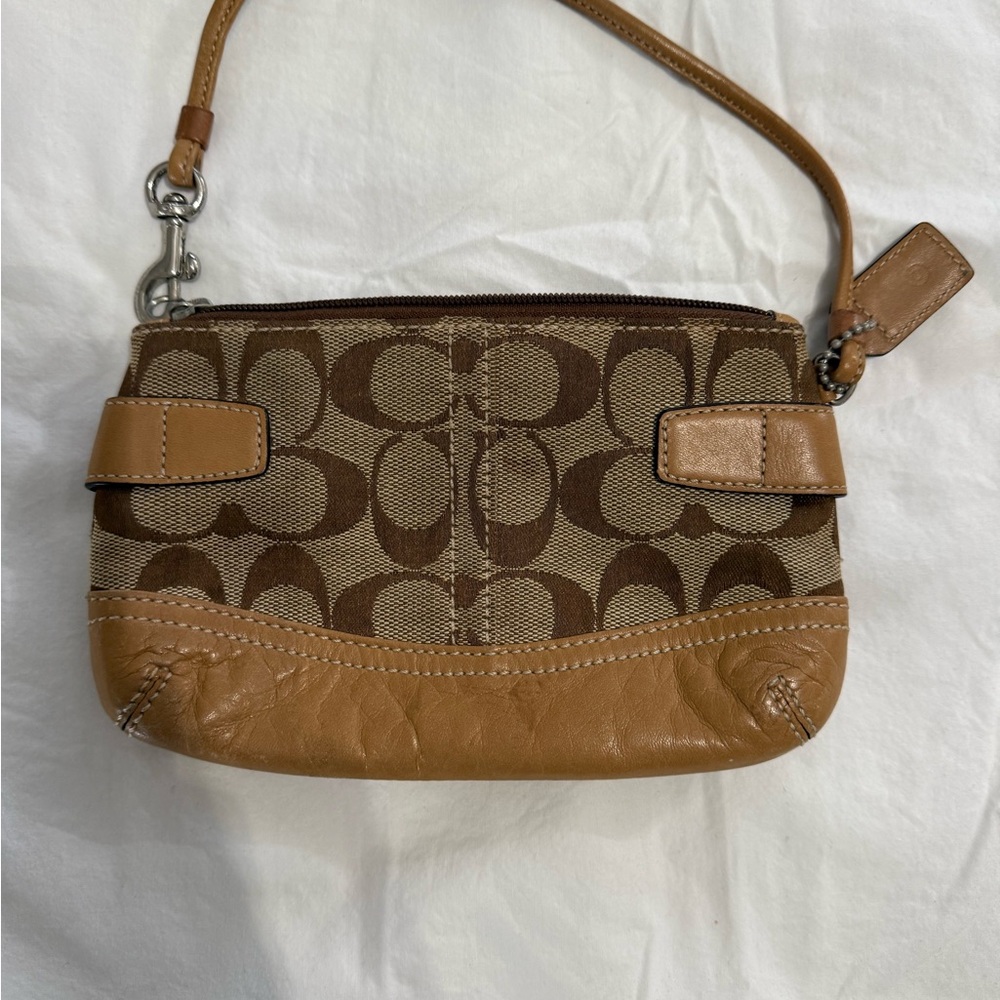 Coach Tan and Brown Signature Wristlet